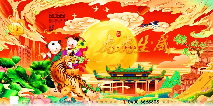 2022年虎年贺岁展板海报虎虎生威新年快乐春节大吉psd设计素材psd模版下载