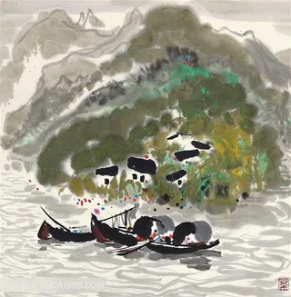 吴冠中手绘湖畔船水墨山脉风景画