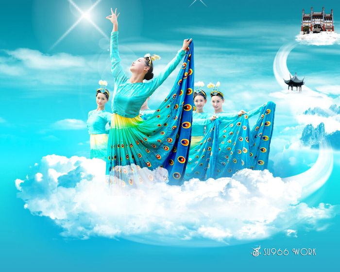 蓝天白云美女背景