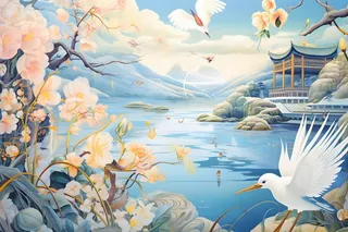 国潮建筑蓝色插画背景