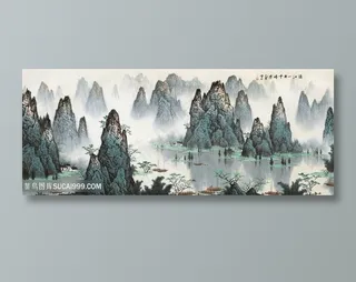 白雪石水墨湖畔山脉高清装饰画