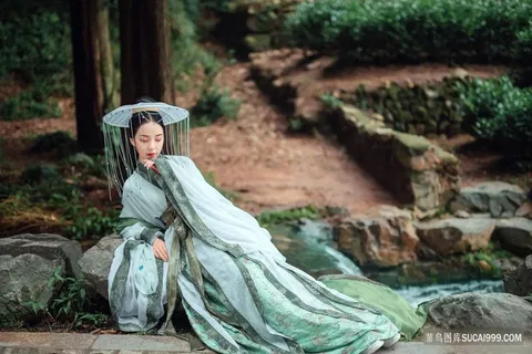 小桥流水绿色古装美女写真摄影图片素材