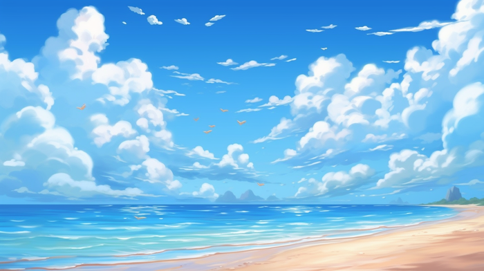 夏日海边沙滩蓝天白云插画背景(4368x2448)