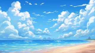 夏日海边沙滩蓝天白云插画背景