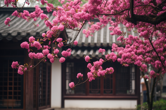 庭院门口的树开的红花摄影图(4032x2688)