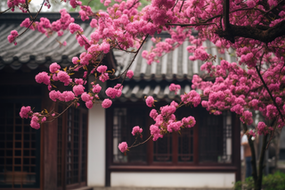 庭院门口的树开的红花摄影图