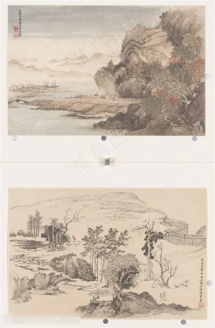 清代恽寿平仿古山水册红林秋霁图和鸿草堂图国画图片