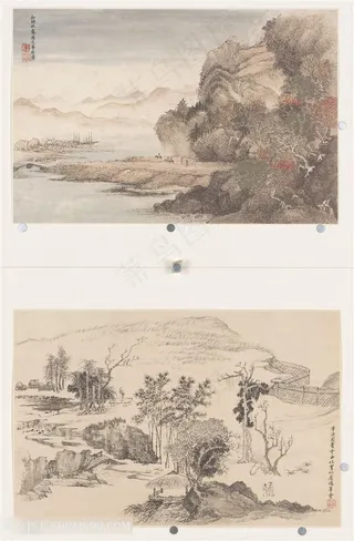 清代恽寿平仿古山水册红林秋霁图和鸿草堂图国画图片