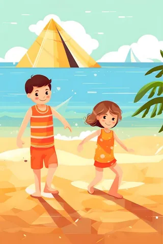 炎热夏天沙滩海洋儿童玩耍背景