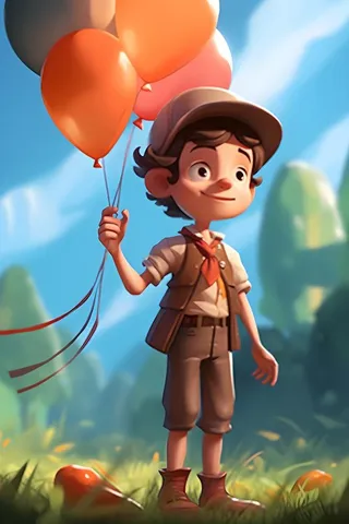 拿着气球的男孩阳光森林草地背景