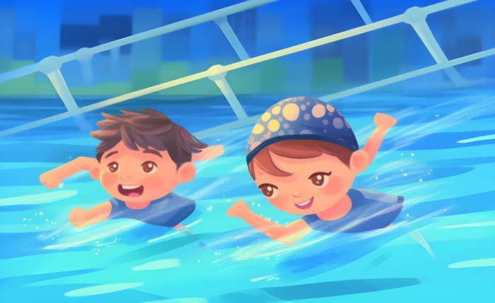 游泳池游泳儿童学生们玩乐蓝色卡通插画背景