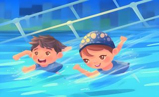 游泳池游泳儿童学生们玩乐蓝色卡通插画背景