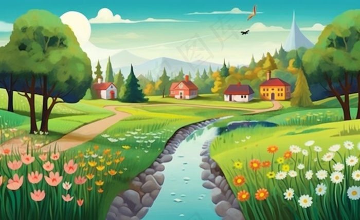 乡村村庄美丽风景河流插画农田插画背景(1408x864)