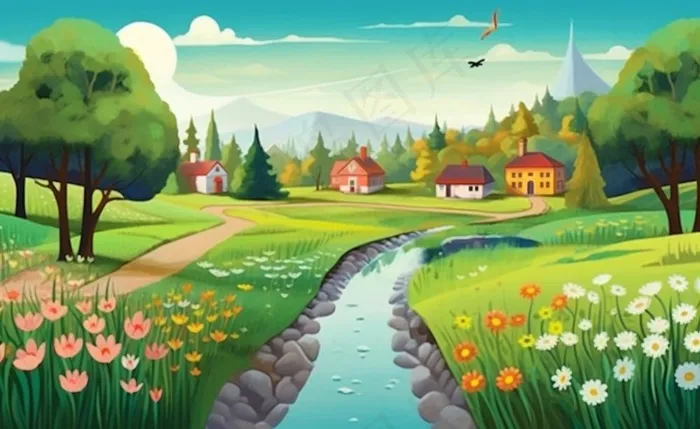 乡村村庄美丽风景河流插画农田插画背景(1408x864)