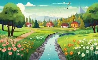 乡村村庄美丽风景河流插画农田插画背景