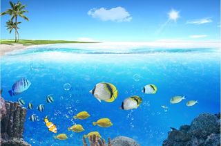 大海鱼团海底椰树背景墙