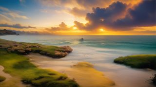 大气写意色块风景插画壁纸背景-余晖下的梦幻海滩