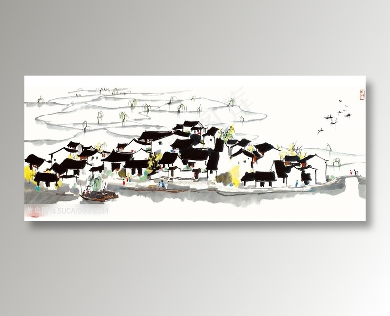 吴冠中手绘乡村房子村庄美景装饰画