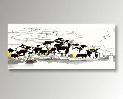 吴冠中手绘乡村房子村庄美景装饰画