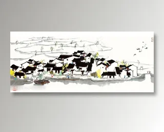 吴冠中手绘乡村房子村庄美景装饰画