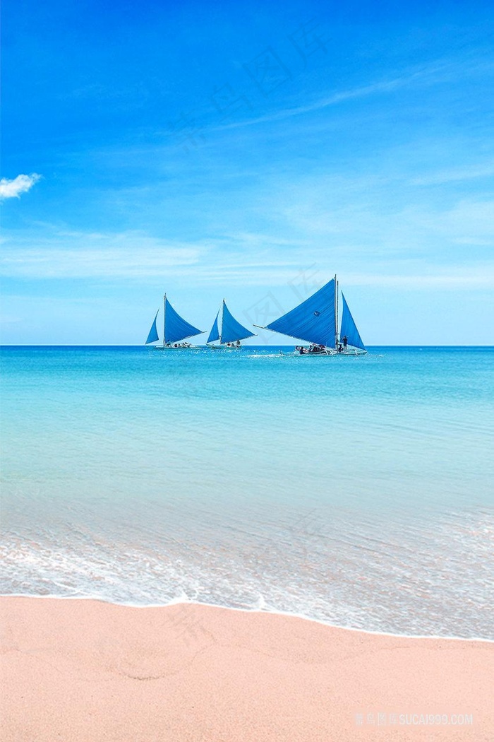 唯美沙滩海景帆船风景画
