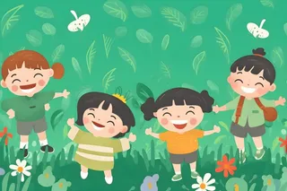 儿童躺着绿色草地上花草海报插画素材背景