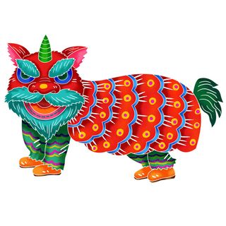 新年春节虎年元宵手绘人物舞狮卡通狮子头插画元素PSD设计素材