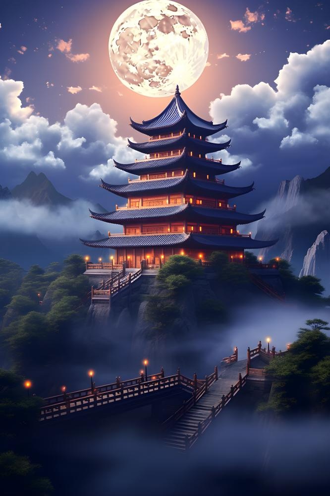 国风蓝色夜晚建筑典雅背景