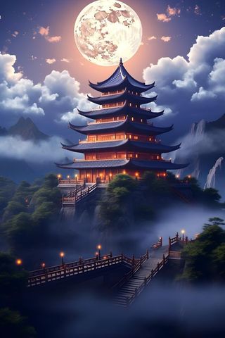 国风蓝色夜晚建筑典雅背景