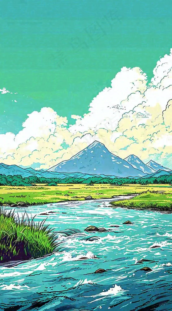 春天阳光灿烂远处的高山和田野春意盎然手绘卡通画(816x1472)