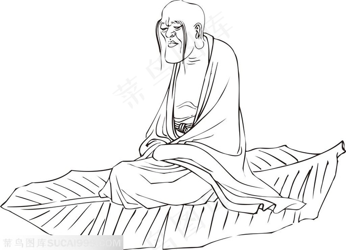 坐在芭蕉叶上的僧人手绘线描108罗汉矢量绘画图片