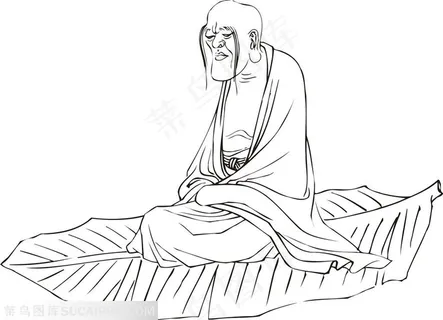 坐在芭蕉叶上的僧人手绘线描108罗汉矢量绘画图片