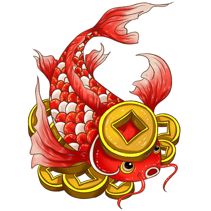 手绘国潮古风喜庆铜钱锦鲤鱼金鱼荷花插画场景装饰PSD设计素