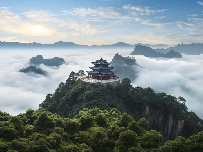 a tall building sitting on top of a lush green hillside, a picture inspired by Li Keran, unsplash contest winner, sōsaku hanga, the taoist temples of huangshan, chinese landscape, cafe in the clouds 
