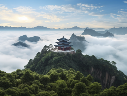 a tall building sitting on top of a lush green hillside, a picture inspired by Li Keran, unsplash contest winner, sōsaku hanga, the taoist temples of huangshan, chinese landscape, cafe in the clouds 