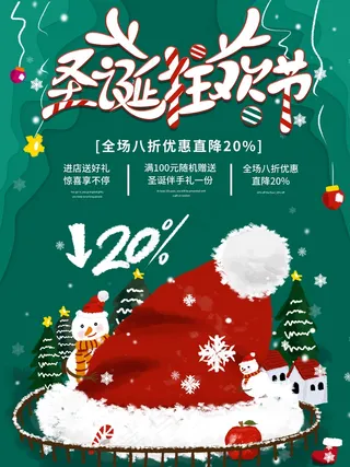 卡通手绘圣诞节商场超市商场促销满减活动海报