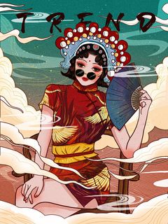 手绘中国风国潮京剧戏曲人物插画古风国粹花旦ai矢量ps设计素材图