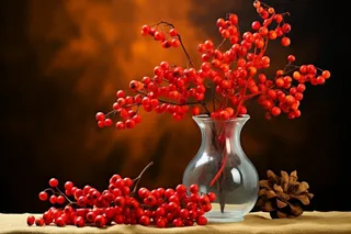 花瓶插花的冬青银柳摄影图