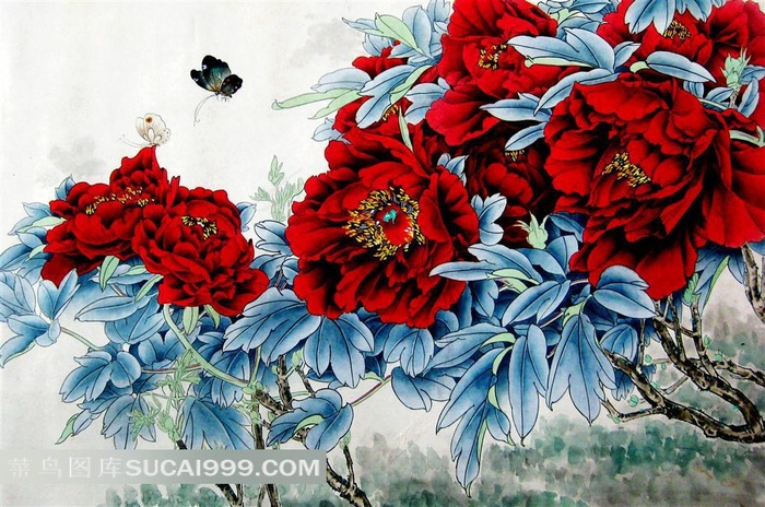 牡丹花开彩蝶来美术设计绘画