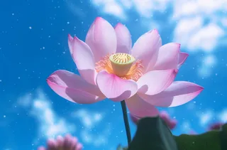 天空下盛开的莲花，uhd 图像风格，蓝绿色和粉红色，中国朋克，蔡司 batis 18mm f/2.8，摄影图