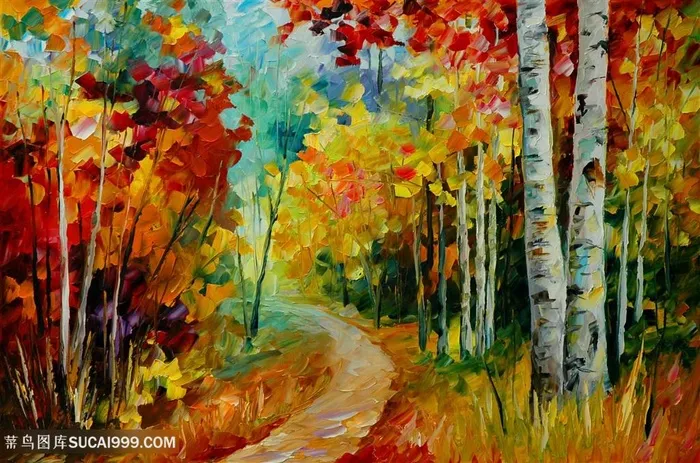 唯美树林小道油画风景画