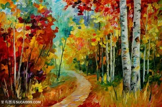 唯美树林小道油画风景画