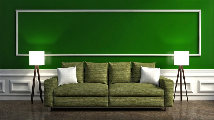 绿色沙发和灯