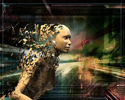 炫彩渐变背景上粉碎的金色机器人高清图片