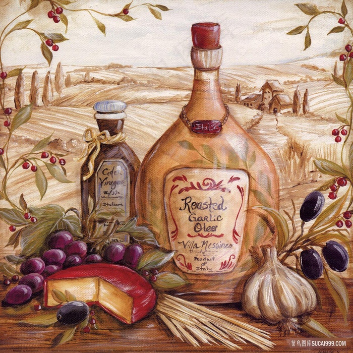 水果蒜头酒瓶艺术插画