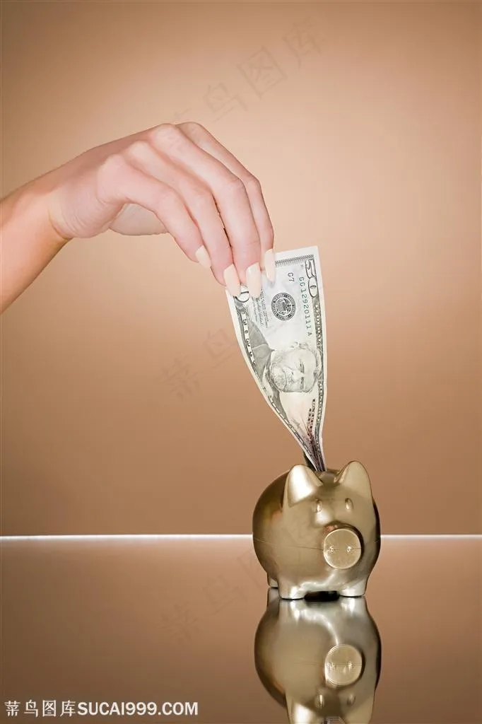 一只手将钱币塞入金猪储钱罐里