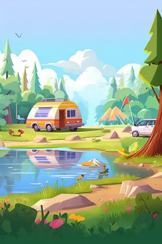 夏季野营清爽河水扁平背景