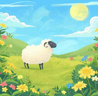 卡通手绘绿色春天草地鲜花花朵绵羊