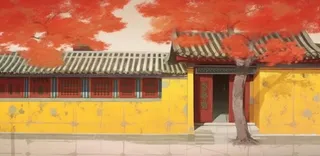 秋季宫墙树木落叶古风背景