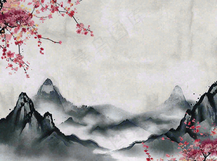 中国风水墨山水画，山脉枝叶花朵手绘插画